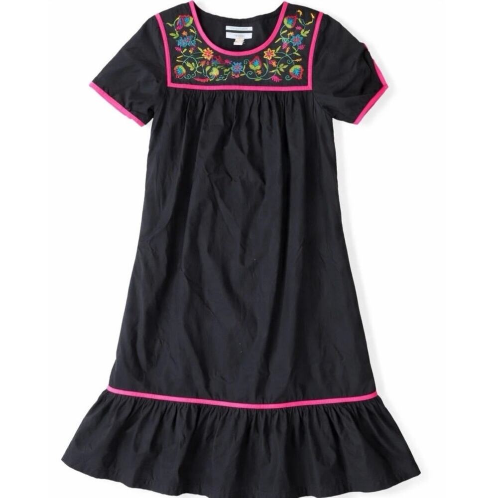 Go Softly Patio Dress S Black Pink Floral Embroidered Caftan Cotton Mumu